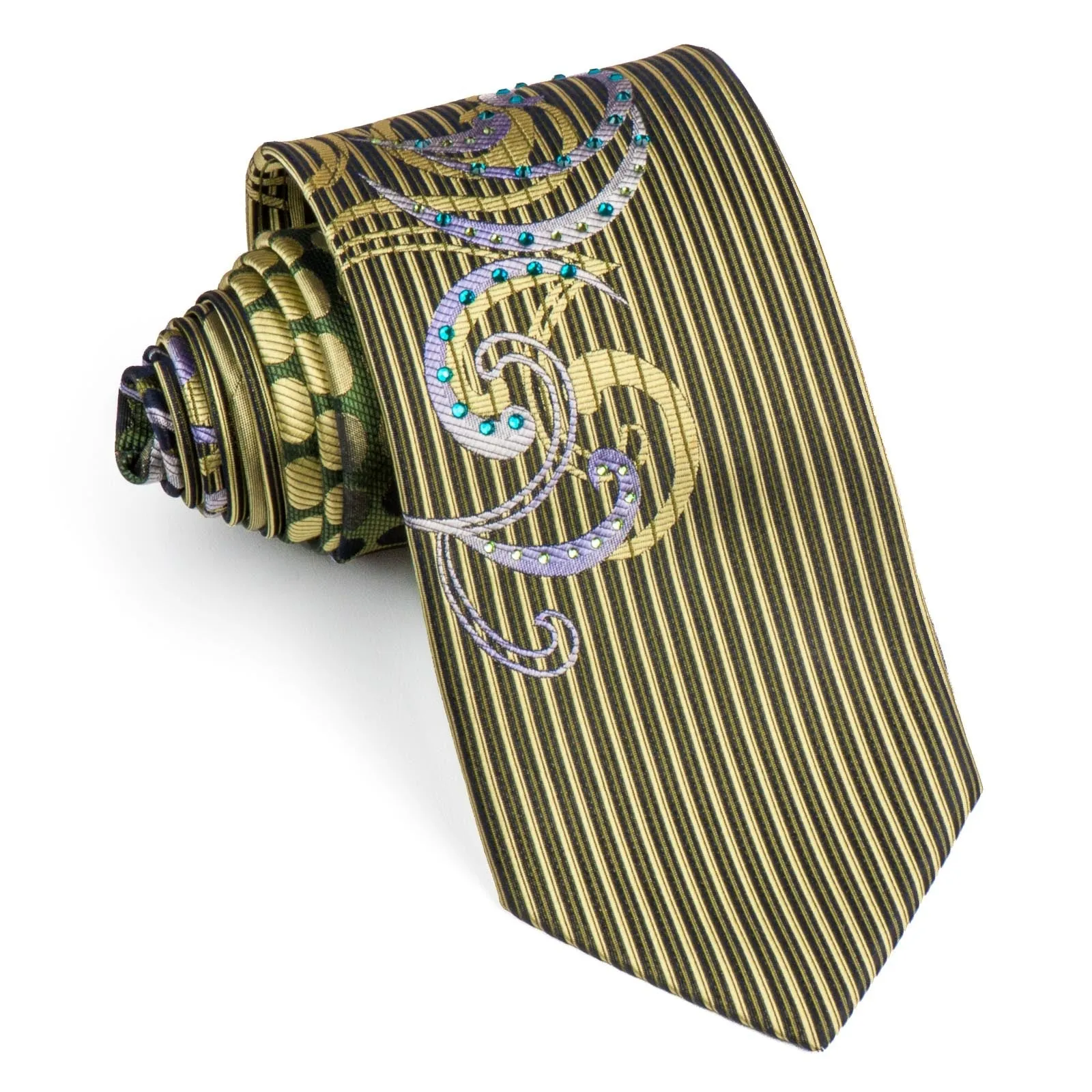 Renoma Rhinestones Silk Neck Tie Scrolls, Stripes & Dots On Olive Green