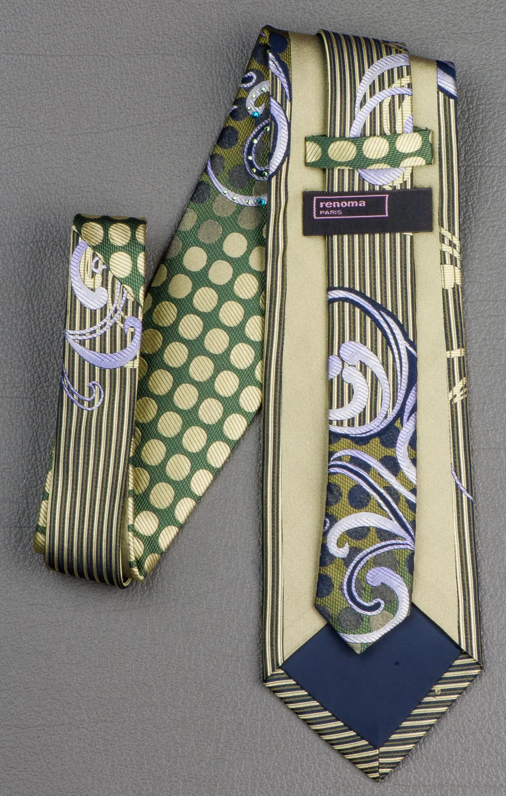 Renoma Rhinestones Silk Neck Tie Scrolls, Stripes & Dots On Olive Green