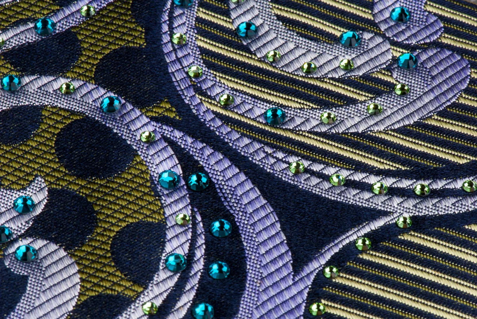 Renoma Rhinestones Silk Neck Tie Scrolls, Stripes & Dots On Olive Green