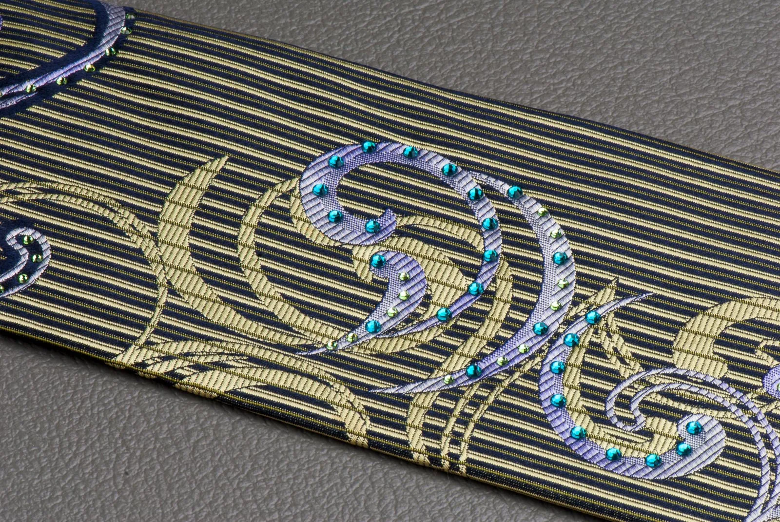 Renoma Rhinestones Silk Neck Tie Scrolls, Stripes & Dots On Olive Green