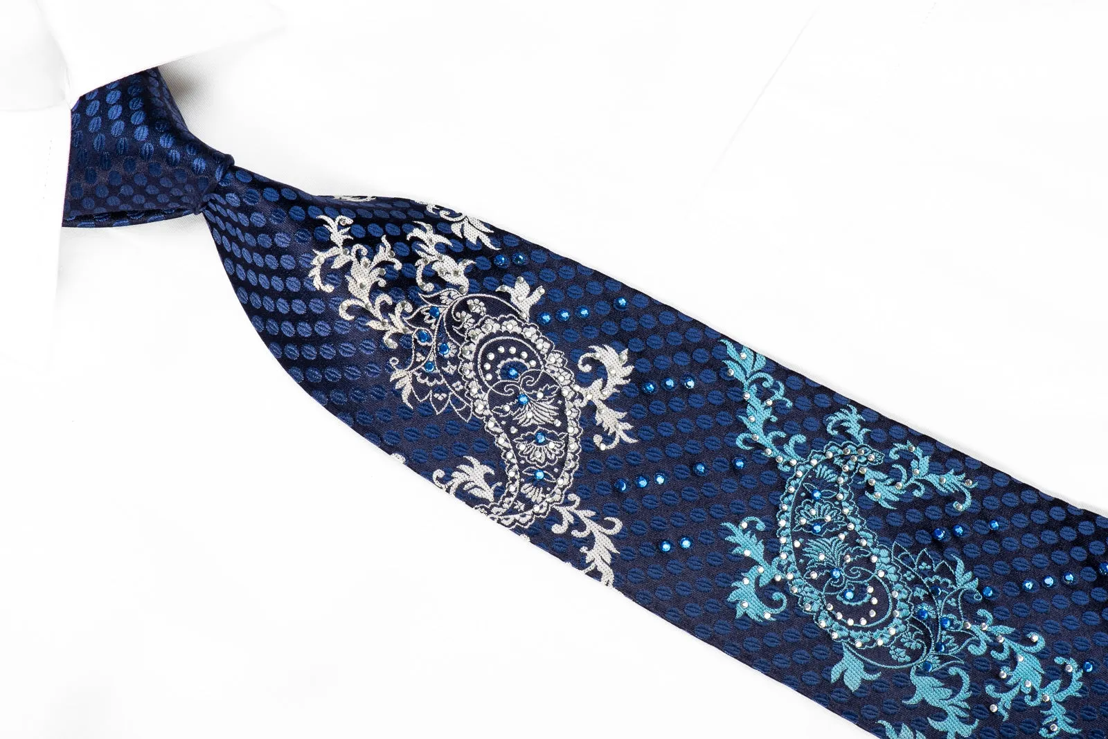 Rogers Dail Men's Crystal Silk Tie Paisley On Navy Sparkling With Rhinestones