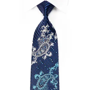 Rogers Dail Men's Crystal Silk Tie Paisley On Navy Sparkling With Rhinestones
