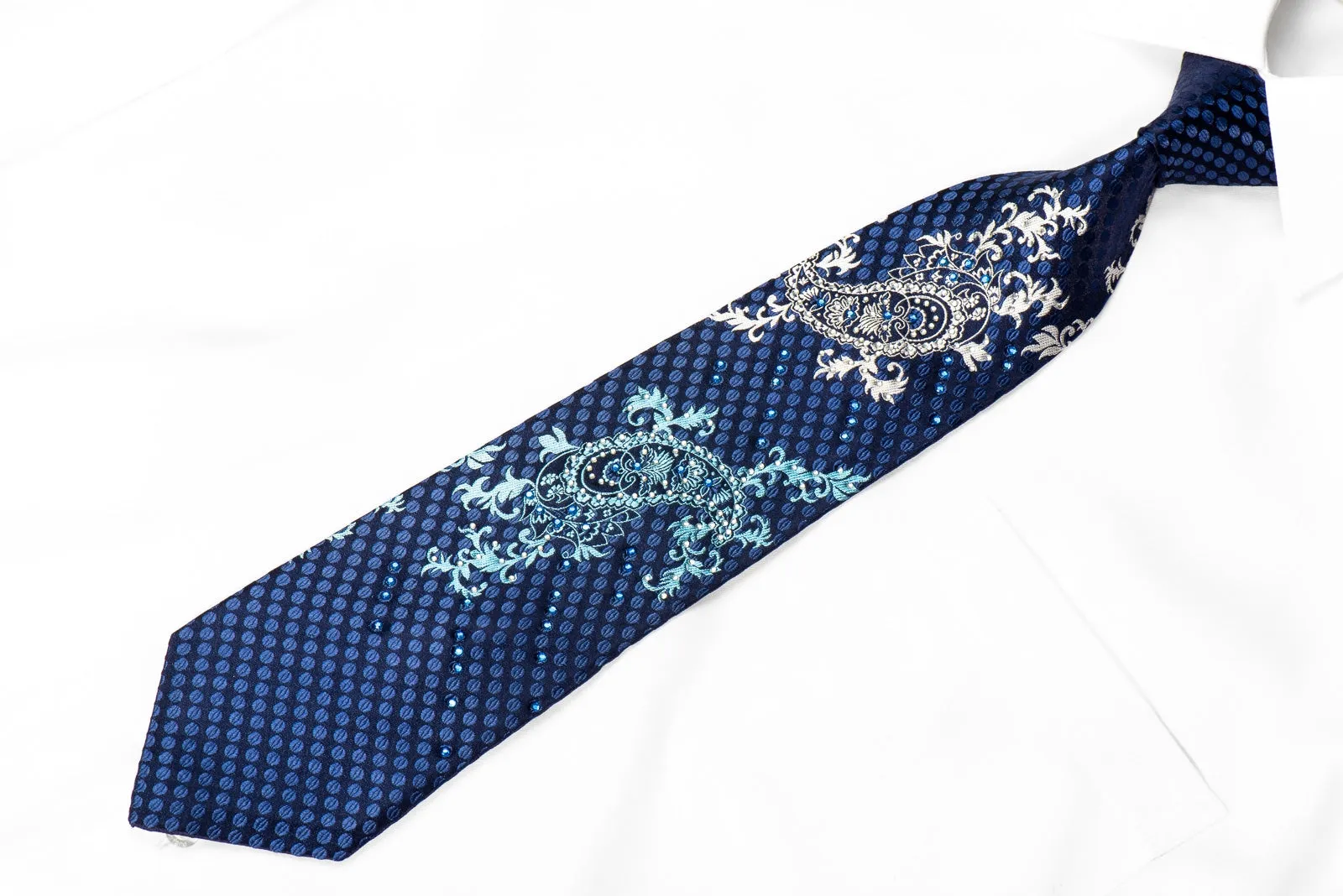 Rogers Dail Men's Crystal Silk Tie Paisley On Navy Sparkling With Rhinestones