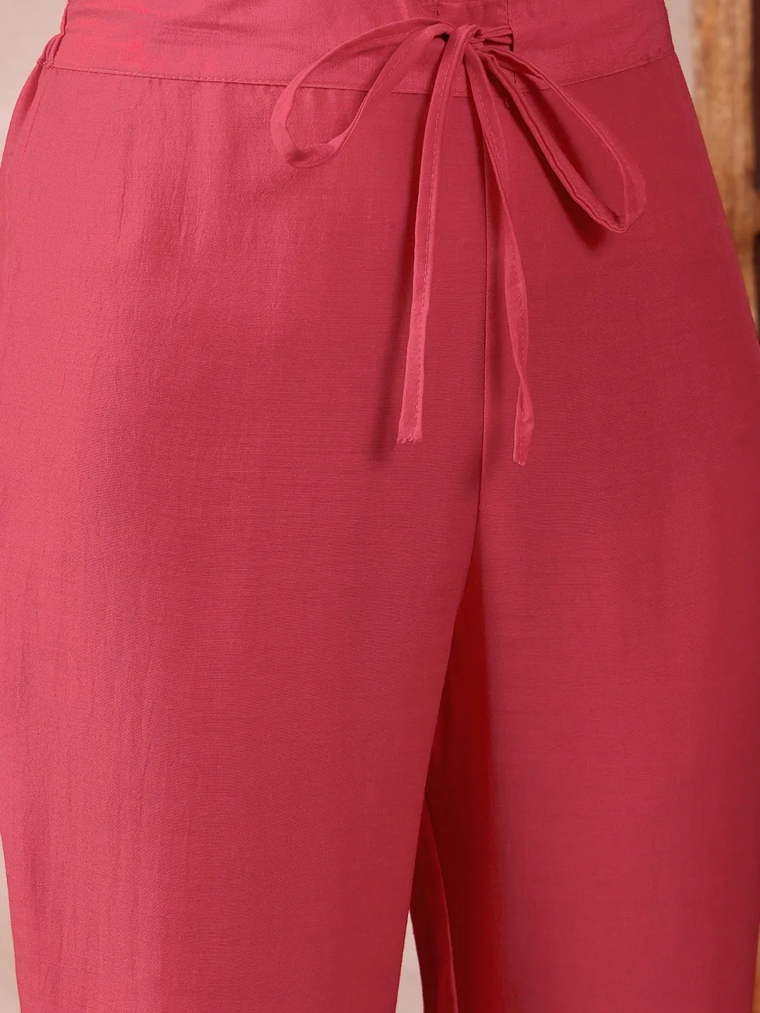 Women Red Cotton Blend Solid Embroidered A-Line Kurta Trouser With Dupatta