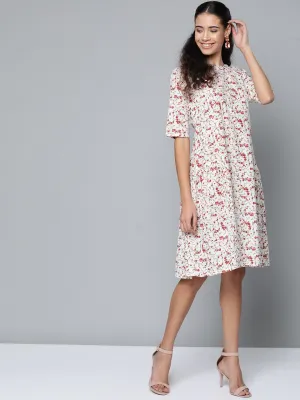 Women White & Magenta Floral Printed A-Line Dress