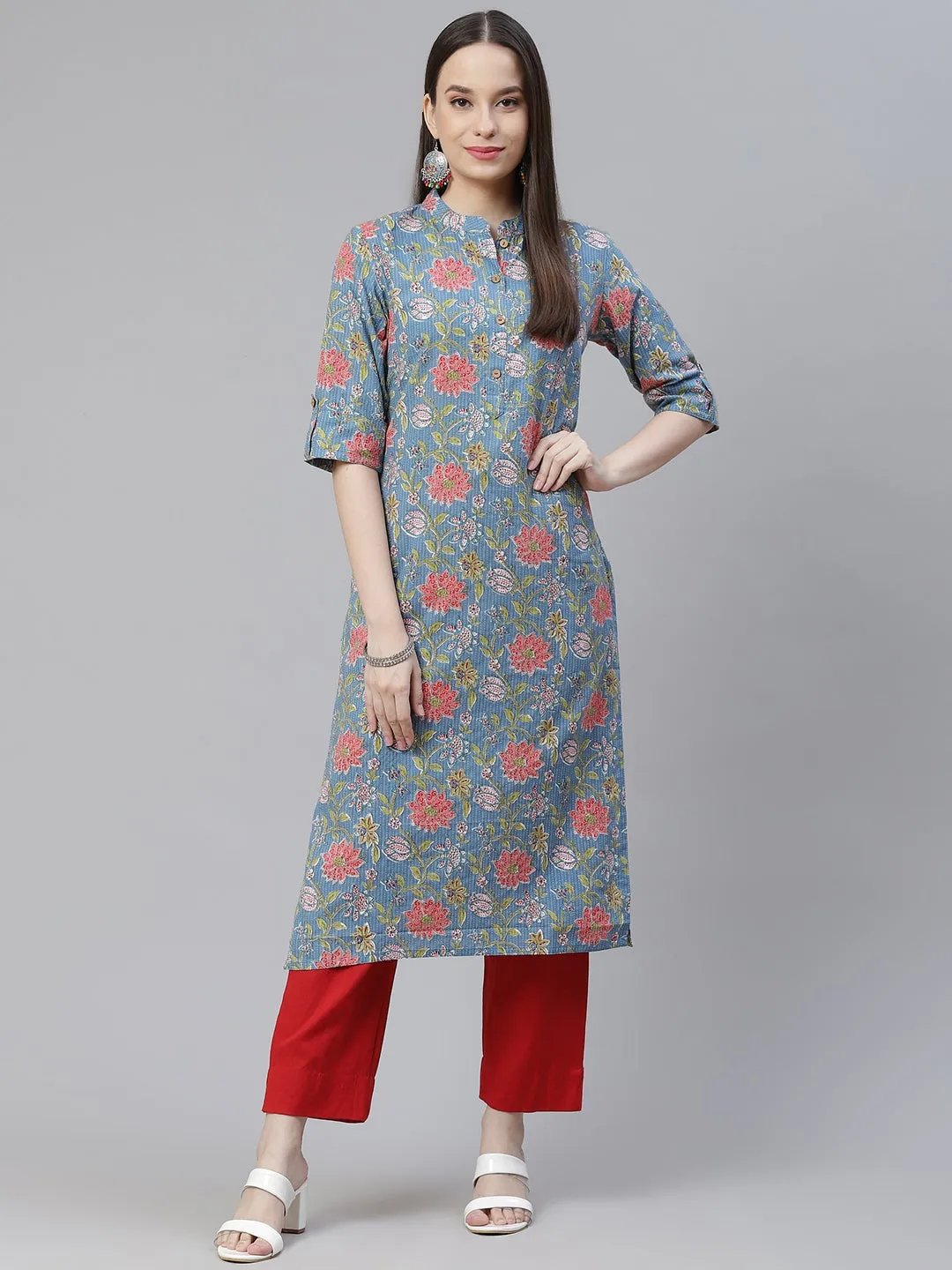 Women'S Blue Printed Cotton Straight Kurta