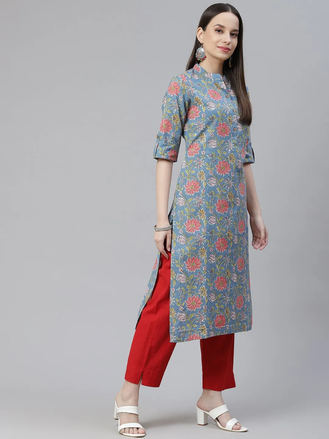 Women'S Blue Printed Cotton Straight Kurta
