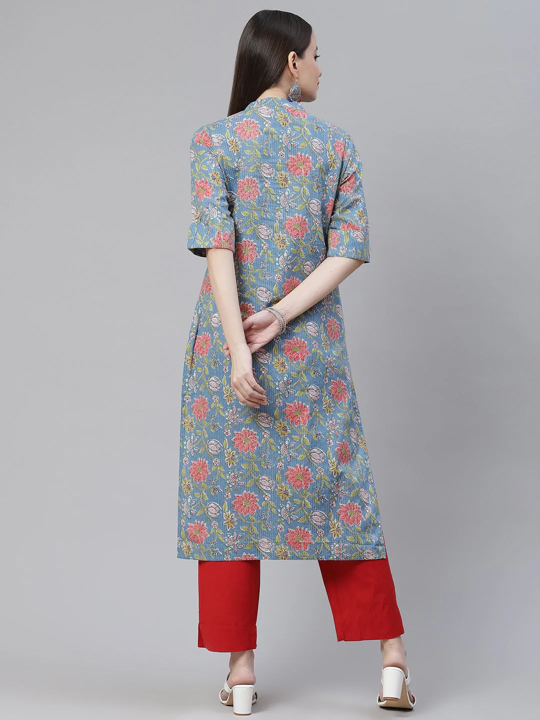 Women'S Blue Printed Cotton Straight Kurta