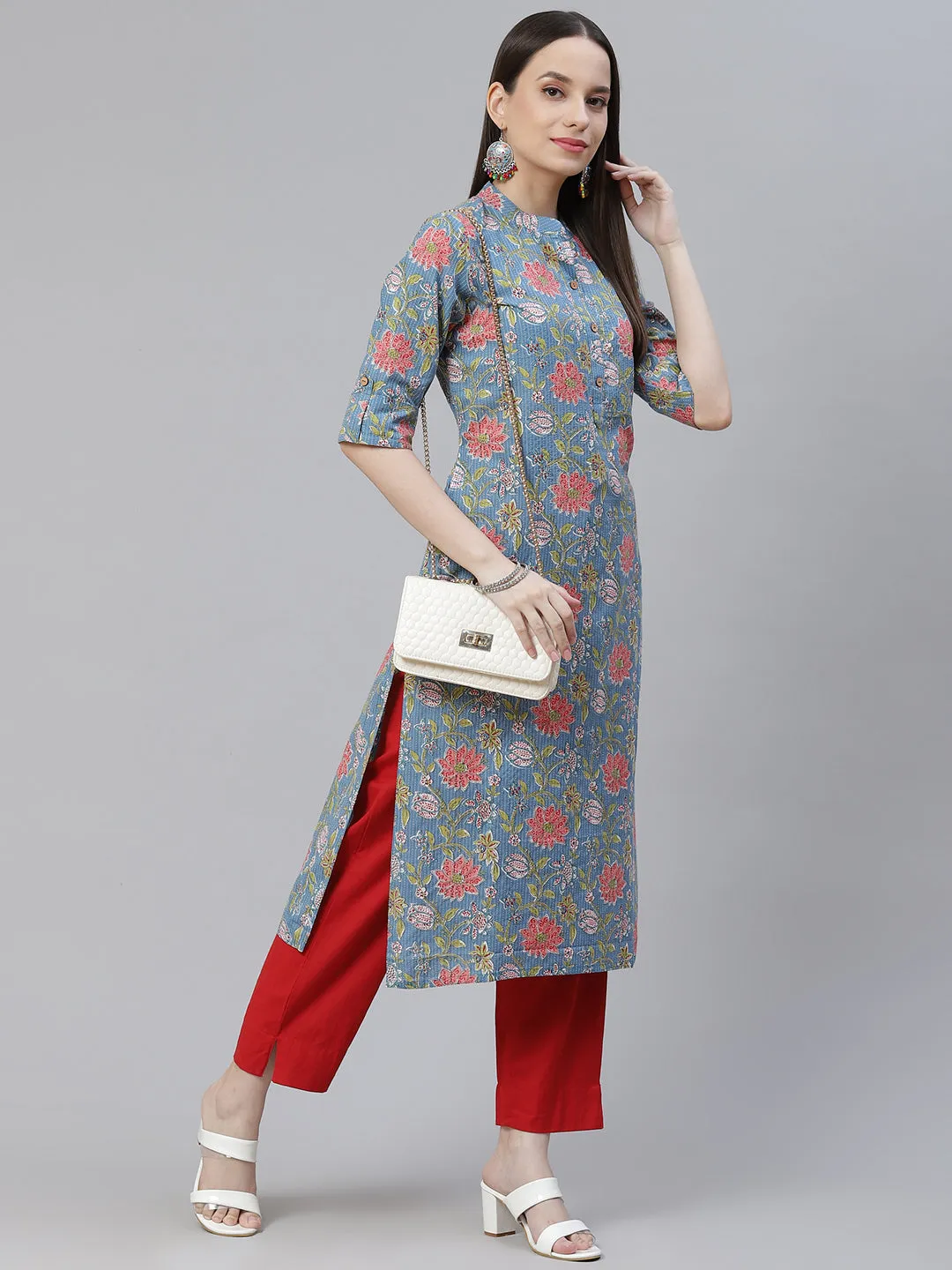 Women'S Blue Printed Cotton Straight Kurta