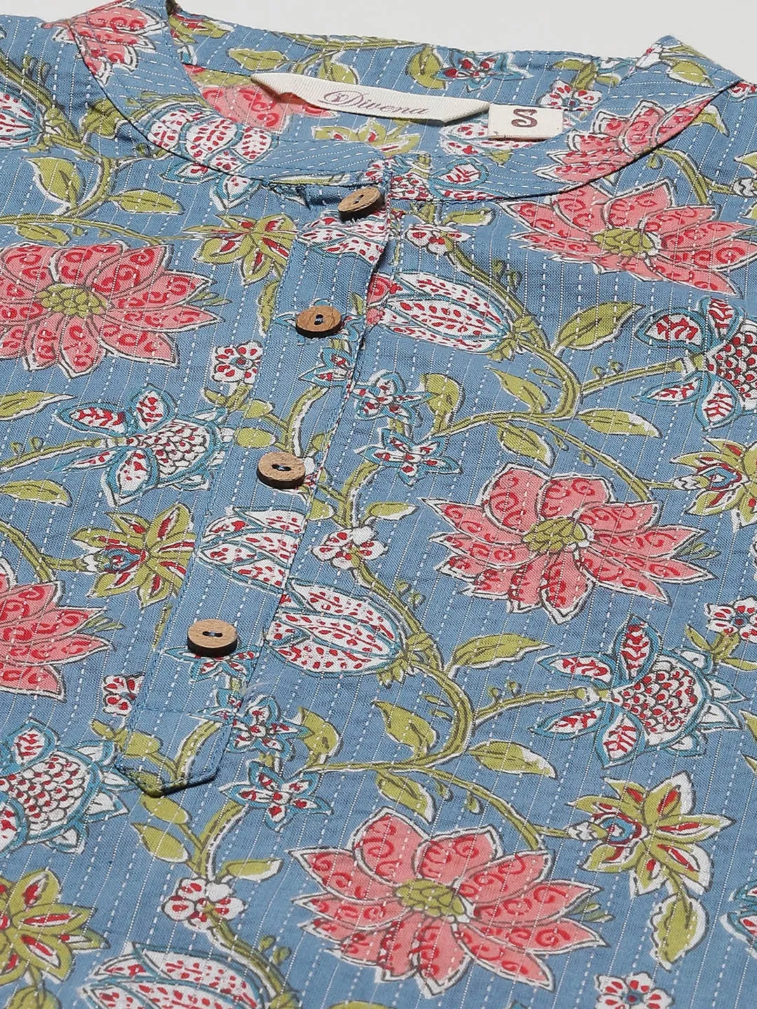 Women'S Blue Printed Cotton Straight Kurta