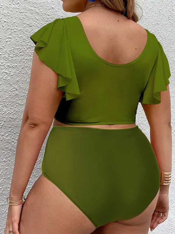 Women's Plus Size V-Neck Frill Sleeve Bikini Set