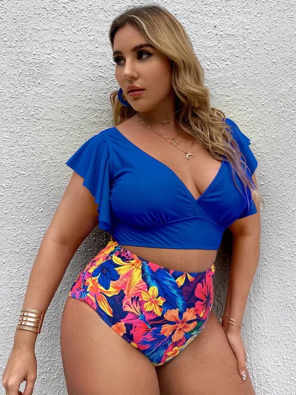 Women's Plus Size V-Neck Frill Sleeve Bikini Set