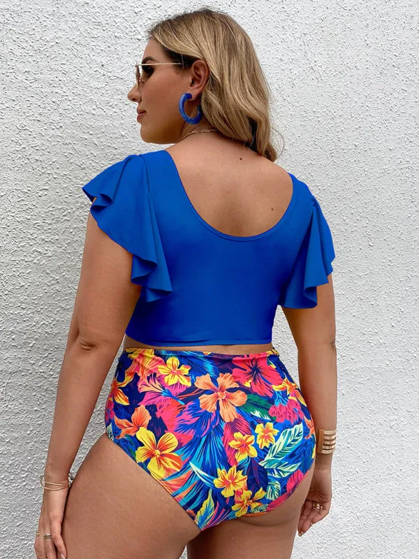 Women's Plus Size V-Neck Frill Sleeve Bikini Set