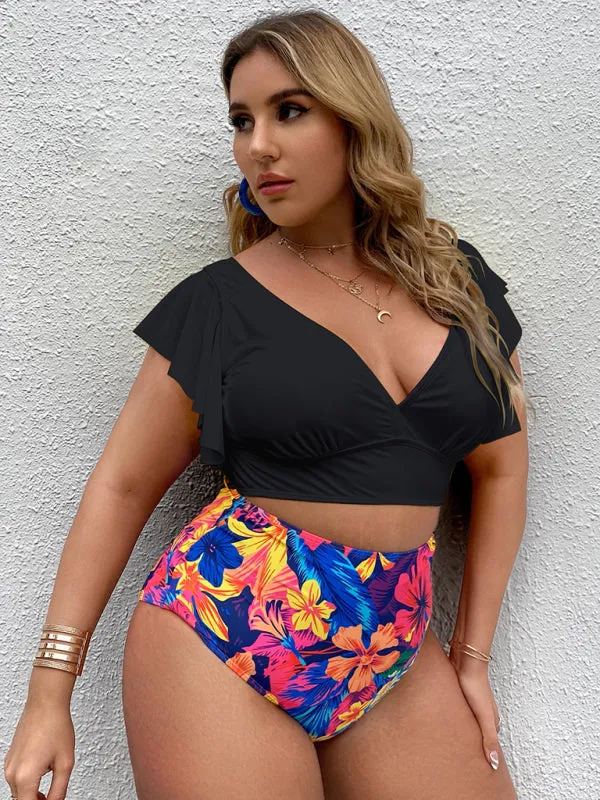 Women's Plus Size V-Neck Frill Sleeve Bikini Set