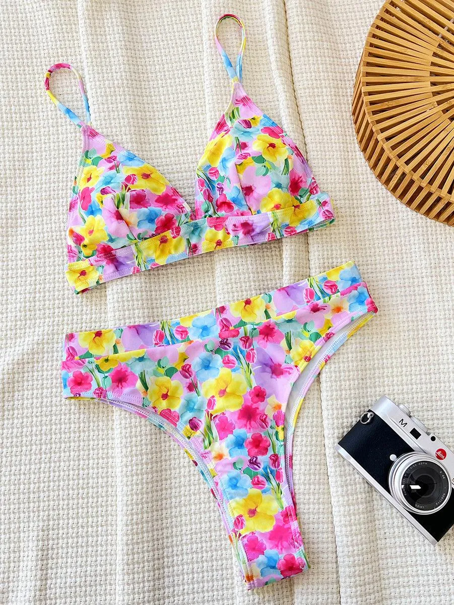 Women's Sexy Yellow-Red Flowers Bikini Set - Fashionable Floral Beachwear
