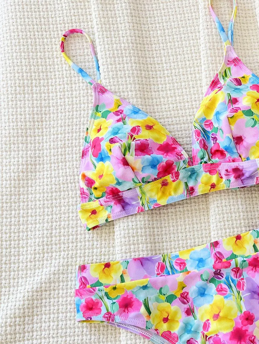 Women's Sexy Yellow-Red Flowers Bikini Set - Fashionable Floral Beachwear