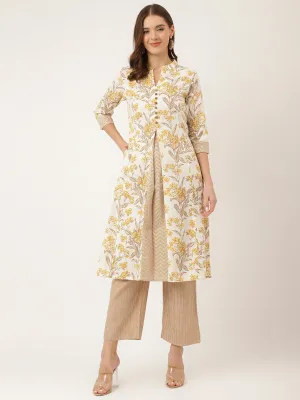 Yellow Floral Print Cotton A-Line Kurta